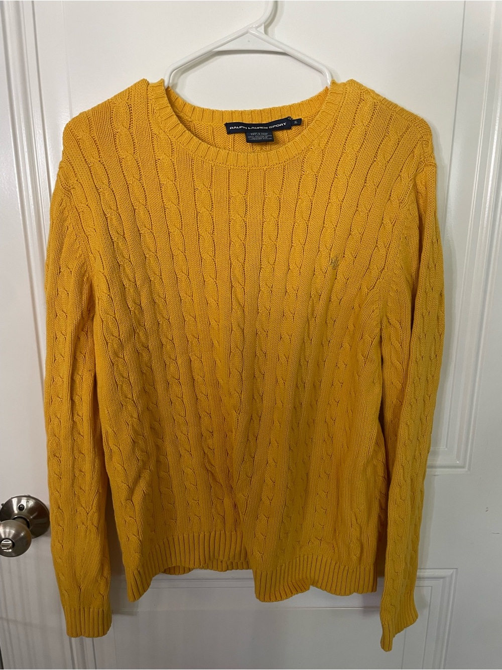 XL 90s Ralph Lauren Sport Yellow 100% Cotton Cable-Knit Crewneck Sweater